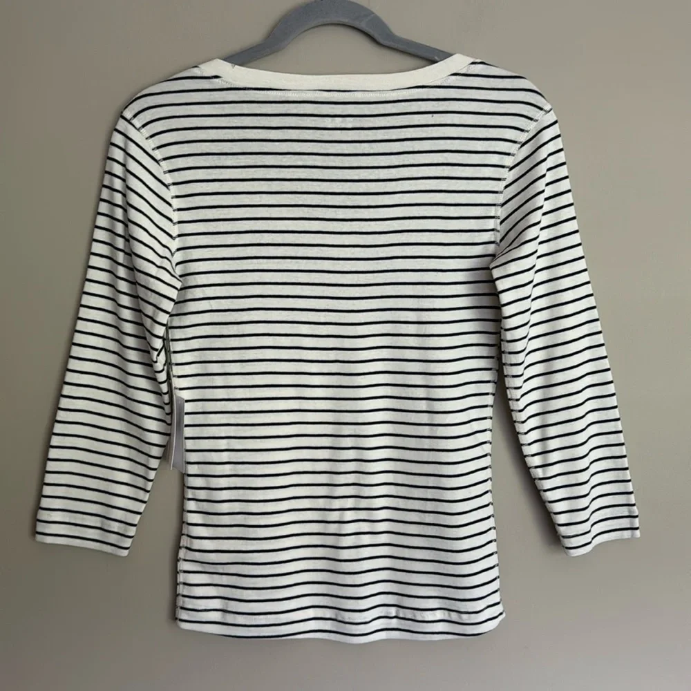 NWT- Three Dots vneck 3/4 sleeve striped shirt Egret & black striped, size XS - Picture 5 of 10